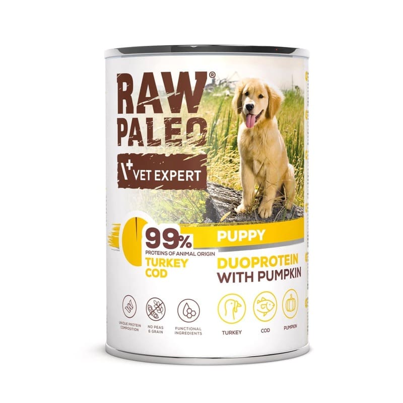 RAW PALEO DOG PUPPY TURKEY COD konservi kucēniem Tītars, menca 400g
